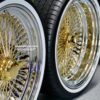 New 20" Staggered Dish 24kt GOLD & Chrome 100 Spoke True knockoff Wire Wheels & Low Profile 245-35-20 Whitewall Tires Set of four (4) With Hardware - Image 7