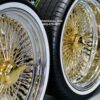 New 20" Staggered Dish 24kt GOLD & Chrome 100 Spoke True knockoff Wire Wheels & Low Profile 245-35-20 Whitewall Tires Set of four (4) With Hardware - Image 11