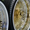 New 20" Staggered Dish 24kt GOLD & Chrome 100 Spoke True knockoff Wire Wheels & Low Profile 245-35-20 Whitewall Tires Set of four (4) With Hardware - Image 4