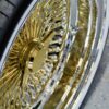 New 20" Deep Dish 24kt GOLD & Chrome 100 Spoke True knockoff Wire Wheels & Low Profile 245-40-20 Vogue Whitewall / Yellow stripe Tires Set of four (4) With 3 wing Hardware - Image 14