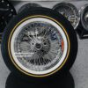 New Set (4) 15x7" Genuine Dayton 70 Spoke Direct Bolt Stainless Spoke 5x4.5" aka 5x115mm bolt pattern Wheels & 215-70-15 Vogue White wall / Yellow Stripe Tire Package Complete Set (4) with Lugs & Washers - Image 4