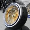 New 20" Deep Dish 24kt GOLD & Chrome 100 Spoke True knockoff Wire Wheels & Low Profile 245-40-20 Vogue Whitewall / Yellow stripe Tires Set of four (4) With 3 wing Hardware - Image 10