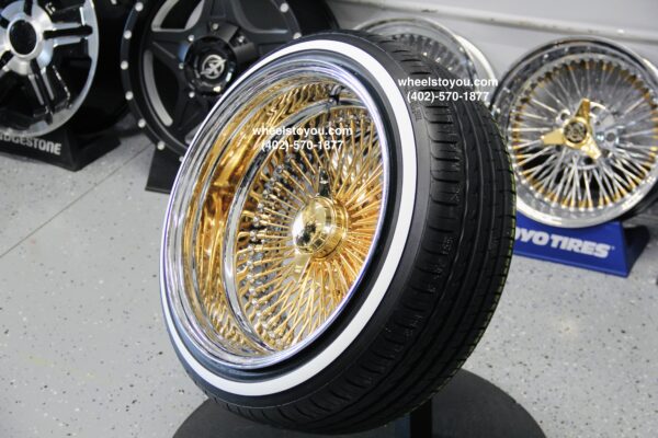 NEW 17 X 9" 24KT GOLD & CHROME DEEP DISH 100 SPOKE KNOCKOFF WIRE WHEELS & Low Profile Whitewalls Tires SET (4) WITH 2 WING HARDWARE