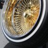 New 20" Deep Dish 24kt GOLD & Chrome 100 Spoke True knockoff Wire Wheels & Low Profile 245-40-20 Vogue Whitewall / Yellow stripe Tires Set of four (4) With 3 wing Hardware - Image 9