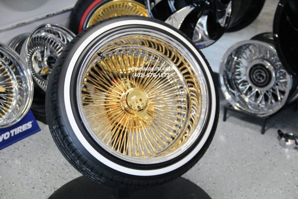 New 20" Deep Dish 24kt GOLD & Chrome 100 Spoke True knockoff Wire Wheels & Low Profile 245-40-20 Vogue Whitewall / Yellow stripe Tires Set of four (4) With 3 wing Hardware