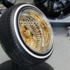 New 20" Deep Dish 24kt GOLD & Chrome 100 Spoke True knockoff Wire Wheels & Low Profile 245-40-20 Vogue Whitewall / Yellow stripe Tires Set of four (4) With 3 wing Hardware - Image 2