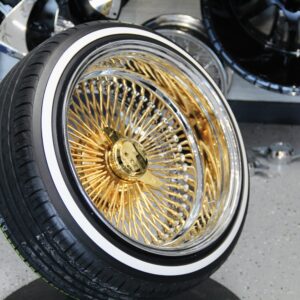 New 15x10 DEEP DISH 24kt GOLD & CHROME 100 SPOKE KNOCKOFF WIRE WHEELS & LOW PROFILE WHITE-WALL 205-50-15 TIRES SET (4) COMPLETE WITH 2 WING HARDWARE