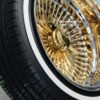 New 20" Deep Dish 24kt GOLD & Chrome 100 Spoke True knockoff Wire Wheels & Low Profile 245-40-20 Vogue Whitewall / Yellow stripe Tires Set of four (4) With 3 wing Hardware - Image 13