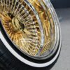 New 20" Deep Dish 24kt GOLD & Chrome 100 Spoke True knockoff Wire Wheels & Low Profile 245-40-20 Vogue Whitewall / Yellow stripe Tires Set of four (4) With 3 wing Hardware - Image 12