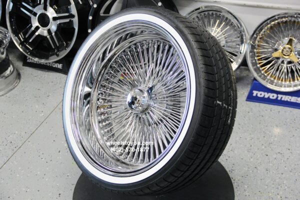 New 20" All Chrome Reverse " DEEP DISH" 150 Spoke True Knockoff Wire Wheel Whitewall Low Profile 245-40-20 Tire Set (4) Complete with 3 WING Hardware