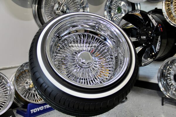 New 15 x 7 DEEP DISH ALL CHROME 100 SPOKE KNOCKOFF WIRE WHEELS & WHITEWALL LOW PROFILE TIRES SET (4) COMPLETE