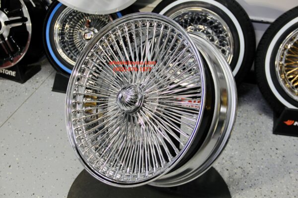 22 x 8" High Offset Front Wheel Drive " Bead Lip Lace " 150 Spoke Chrome Knockoff Wire Wheel Set of Four (4)