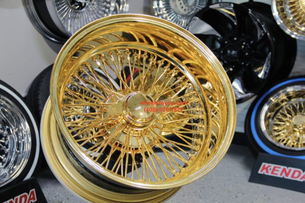 NEW 17 X 9" ALL 24KT GOLD DEEP DISH 72 CROSS LACE SPOKE KNOCKOFF WIRE WHEELS SET (4) WITH HARDWARE