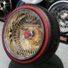 NEW 17 X 9" 24KT GOLD & CHROME DEEP DISH 100 SPOKE KNOCKOFF WIRE WHEELS & LOW PROFILE REDWALL Tires SET (4) WITH HARDWARE - Image 2