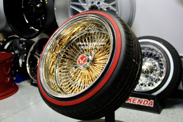 NEW 17 X 9" 24KT GOLD & CHROME DEEP DISH 100 SPOKE KNOCKOFF WIRE WHEELS & LOW PROFILE REDWALL Tires SET (4) WITH HARDWARE