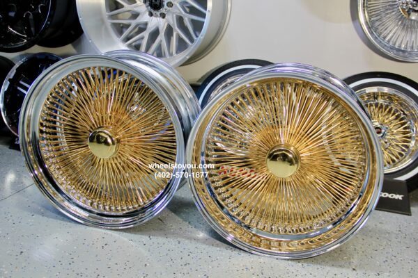 New 24x10" STAGGERED DISH 24KT GOLD & CHROME TRUE KNOCKOFF 208 SPOKE WIRE WHEELS SET FOUR (4) OFFSET