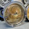 New Staggered 22x8" 24kt Gold Center and Chrome Dish 150 Spoke True Knockoff Wire Wheels Complete Set of four (4) - Image 5