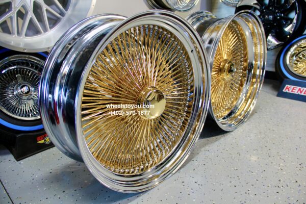 New Staggered 22x8" 24kt Gold Center and Chrome Dish 150 Spoke True Knockoff Wire Wheels Complete Set of four (4)