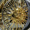 NEW 17 X 9" 24KT GOLD & CHROME DEEP DISH 72 SPOKE CROSS LACE KNOCKOFF WIRE WHEELS SET (4) WITH HARDWARE - Image 2