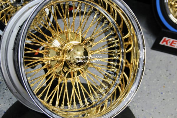 NEW 17 X 9" 24KT GOLD & CHROME DEEP DISH 72 SPOKE CROSS LACE KNOCKOFF WIRE WHEELS SET (4) WITH HARDWARE