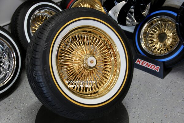 New Cadillac 16" All 24kt GOLD 100 Spoke Standard Dish True knockoff Wire Wheels & Vogue Whitewall Yellow Stripe 235-60-16 Tires Classic Style Complete Set of four (4)