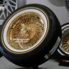 New Set (4) 15" All 24kt GOLD 100 Spoke Standard Dish True knockoff Wire Wheels & Vogue Whitewall Yellow Stripe 215-70-15 Tires Classic Style Complete Set of four (4) with Hardware - Image 6