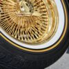 New Set (4) 15" All 24kt GOLD 100 Spoke Standard Dish True knockoff Wire Wheels & Vogue Whitewall Yellow Stripe 215-70-15 Tires Classic Style Complete Set of four (4) with Hardware - Image 3