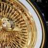 New Set (4) 15" All 24kt GOLD 100 Spoke Standard Dish True knockoff Wire Wheels & Vogue Whitewall Yellow Stripe 215-70-15 Tires Classic Style Complete Set of four (4) with Hardware - Image 2