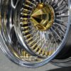 New Genuine Dayton Stamped 13x7" Deep Dish 72 Spoke 24kt Gold & Stainless Lowrider Knockoff Wire Wheels Set of four (4) with Hardware - Image 3