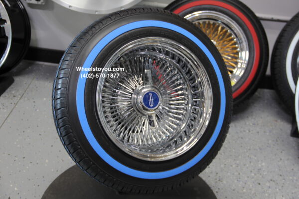 New 13x7" Deep Dish Chrome 100 Spoke Wire Spoke Wheels True Knockoff Lowrider Set (4) with 155-80-13 Blue Wall Tire Package