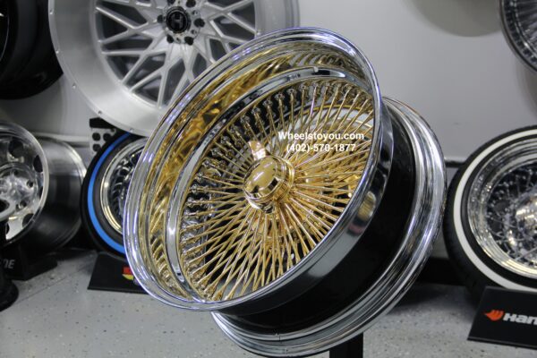 New Set (4) 20" Deep Dish 24kt GOLD & Chrome 100 Spoke True knockoff Wire Wheels Classic Style Complete Set of four (4) With Hardware