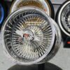 New Set (4) Genuine Dayton Stamped 13x7" Deep Dish 100 Spoke Radial Lace Stainless & Chrome Lowrider Knockoff Wire Wheels Set of four (4) with Hardware - Image 2