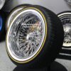 New Cross Lace 17x9" All Chrome Reverse " DEEP DISH" 72 Spoke True Knockoff Wire Wheels & Vogue Whitewall  Yellow Gold Stripe Tire Set (4) Complete with Hardware - Image 2