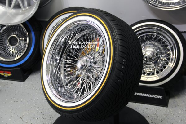 New Cross Lace 17x9" All Chrome Reverse " DEEP DISH" 72 Spoke True Knockoff Wire Wheels & Vogue Whitewall  Yellow Gold Stripe Tire Set (4) Complete with Hardware