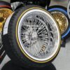 New Cross Lace 17x9" All Chrome Reverse " DEEP DISH" 72 Spoke True Knockoff Wire Wheels & Vogue Whitewall  Yellow Gold Stripe Tire Set (4) Complete with Hardware - Image 9