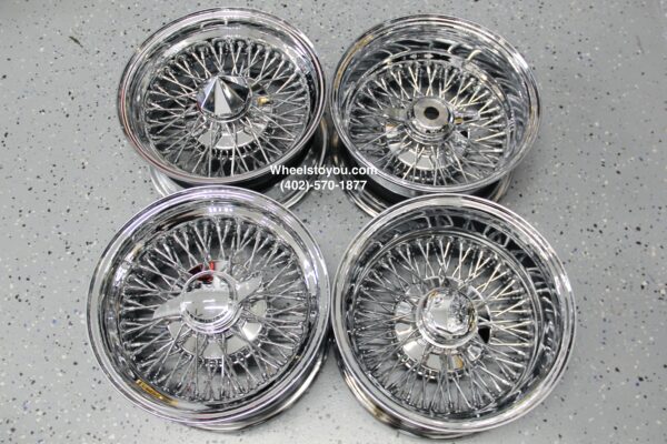 New 14x7" Staggered Dish 72 Spoke Chrome Cross Lace Skirt & Low Clearance Fit Complete set of four (4)Knockoff Wire Wheels with Hardware