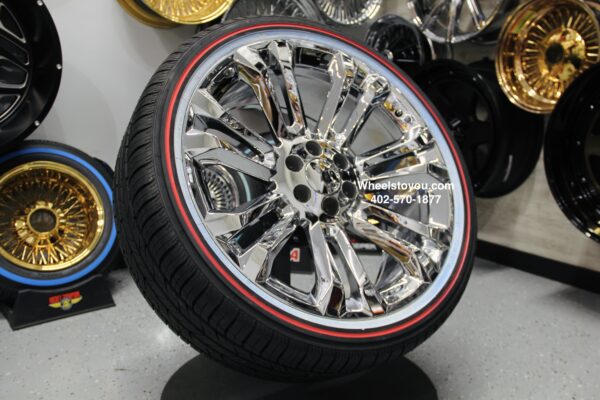 New 24" Cadillac Chrome "Knot" Wheels and 305-35-24 Vogue Whitewall / RED , BLUE or YELLOW Stripe Tire Complete Package Set (4) with TPMS Sensors  Fit Escalade , Yukon , Denali , Tahoe , Sierra, Silverado, Ram