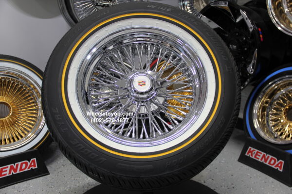 New 15x6" Cadillac 72 Spoke Chrome Cross Lace Wire Wheels & Vogue Whitewall / Yellow Gold Stripe 235-70-15 Tires Set (4) Fit Rear Wheel Drive Big Body Deville Seville Brougham Fleetwood & More