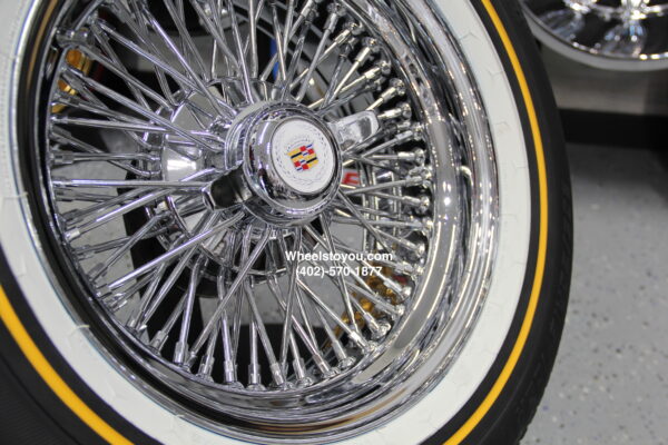 New 16x7" Cadillac 72 Spoke Chrome Cross Lace Wire Wheels & Vogue Whitewall / Yellow Gold Stripe 235-60-16 Tires Set (4) Fit Rear Wheel Drive Deville Seville Brougham Fleetwood & More