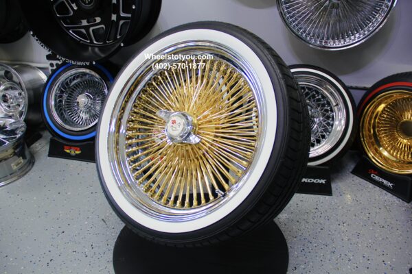 New Impala 20" Standard 24kt GOLD & Chrome 150 Spoke True knockoff Wire Wheels & Low Profile 245-40-20 Whitewall Tires Set of four (4) With Chevy Hardware