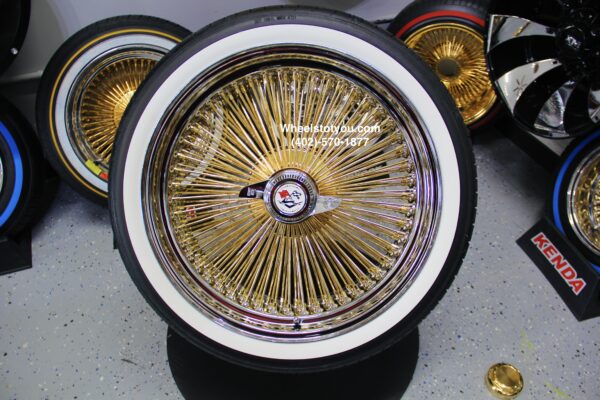 New Impala 18" Standard 24kt GOLD & Chrome 100 Spoke True knockoff Wire Wheels & Low Profile 215-40-18 Whitewall Tires Set of four (4) With Chevy Hardware