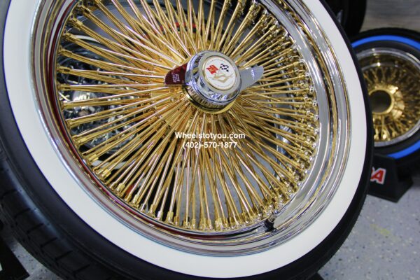 New 22" Gold 24kt & Chrome 150 Spoke knockoff Wire Wheels & True Whitewall Tire Package 255-30-22 Complete Set with Hardware Chevy