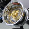 New 13x7" 24kt Triple Gold Chrome 100 Spoke Wire Spoke Wheels True Knockoff Lowrider Set (4) with 2 Wing Hardware - Image 3