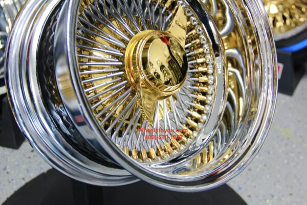 New 13x7" 24kt Triple Gold Chrome 100 Spoke Wire Spoke Wheels True Knockoff Lowrider Set (4) with 2 Wing Hardware