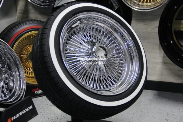 New Set (4) 15" Standard Chrome Wire Wheels 100 Spoke with Low Profile True Whitewall 205-50-15 Radial Tires Set (4) with Hardware