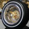 New 13x7" 24kt Triple Gold Chrome 100 Spoke Wire Spoke Wheels True Knockoff Lowrider Set (4) with 2 Wing Hardware & 155-80-13 whitewall Tire Package - Image 3