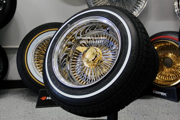 New 13x7" 24kt Triple Gold Chrome 100 Spoke Wire Spoke Wheels True Knockoff Lowrider Set (4) with 2 Wing Hardware & 155-80-13 whitewall Tire Package