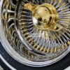 New 13x7" 24kt Triple Gold Chrome 100 Spoke Wire Spoke Wheels True Knockoff Lowrider Set (4) with 2 Wing Hardware & 155-80-13 whitewall Tire Package - Image 5