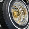 New 13x7" 24kt Triple Gold Chrome 100 Spoke Wire Spoke Wheels True Knockoff Lowrider Set (4) with 2 Wing Hardware & 155-80-13 whitewall Tire Package - Image 9