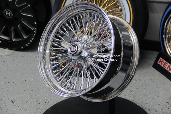 New Set (4) 15x7" Cadillac 72 Spoke Chrome Cross Lace Knockoff Rear Wheel Drive Wire Wheels & 3" Wide Whitewall Radial Tires Complete set of four (4) with Hardware